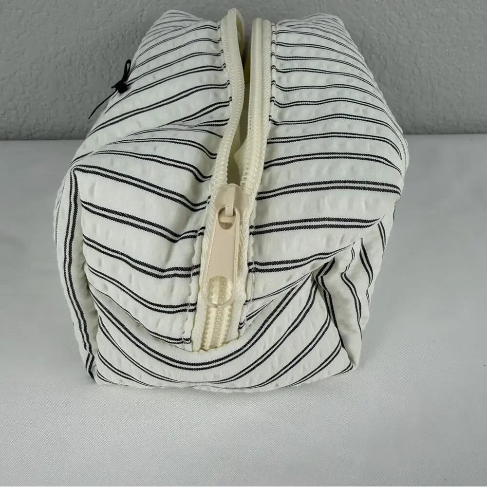 NWOT Cozy Black Stripped Makeup Bag Small Aesthetic Travel Zipper Cosmetic Pouch